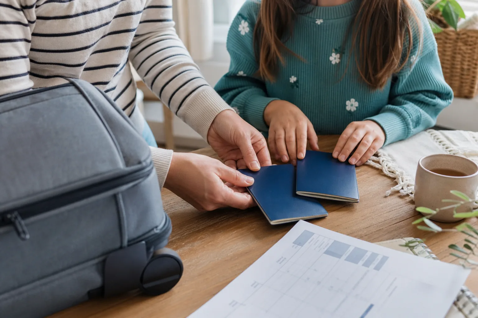 Parent and child with passports and a suitcase