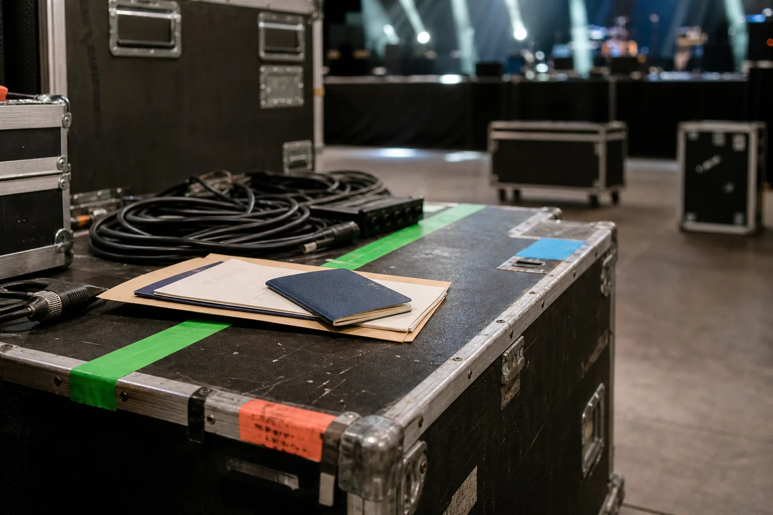 Passport on a flight case backstage at a venue