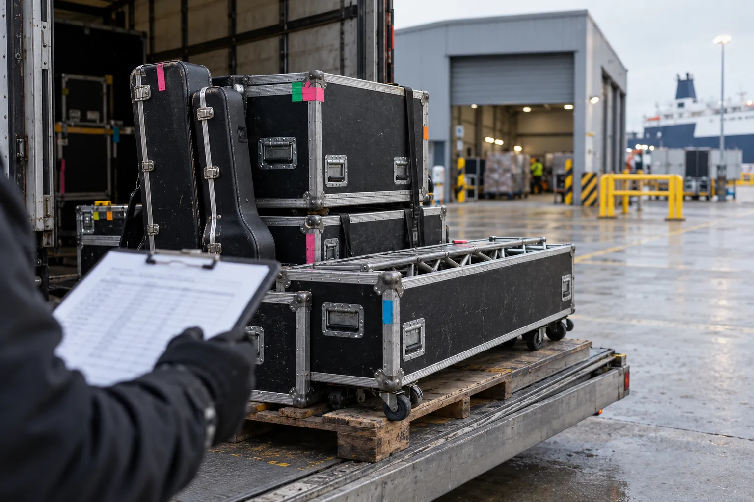 Road cases and a truss case on a pallet at a port loading dock, with a gloved hand holding an inventory clipboard
