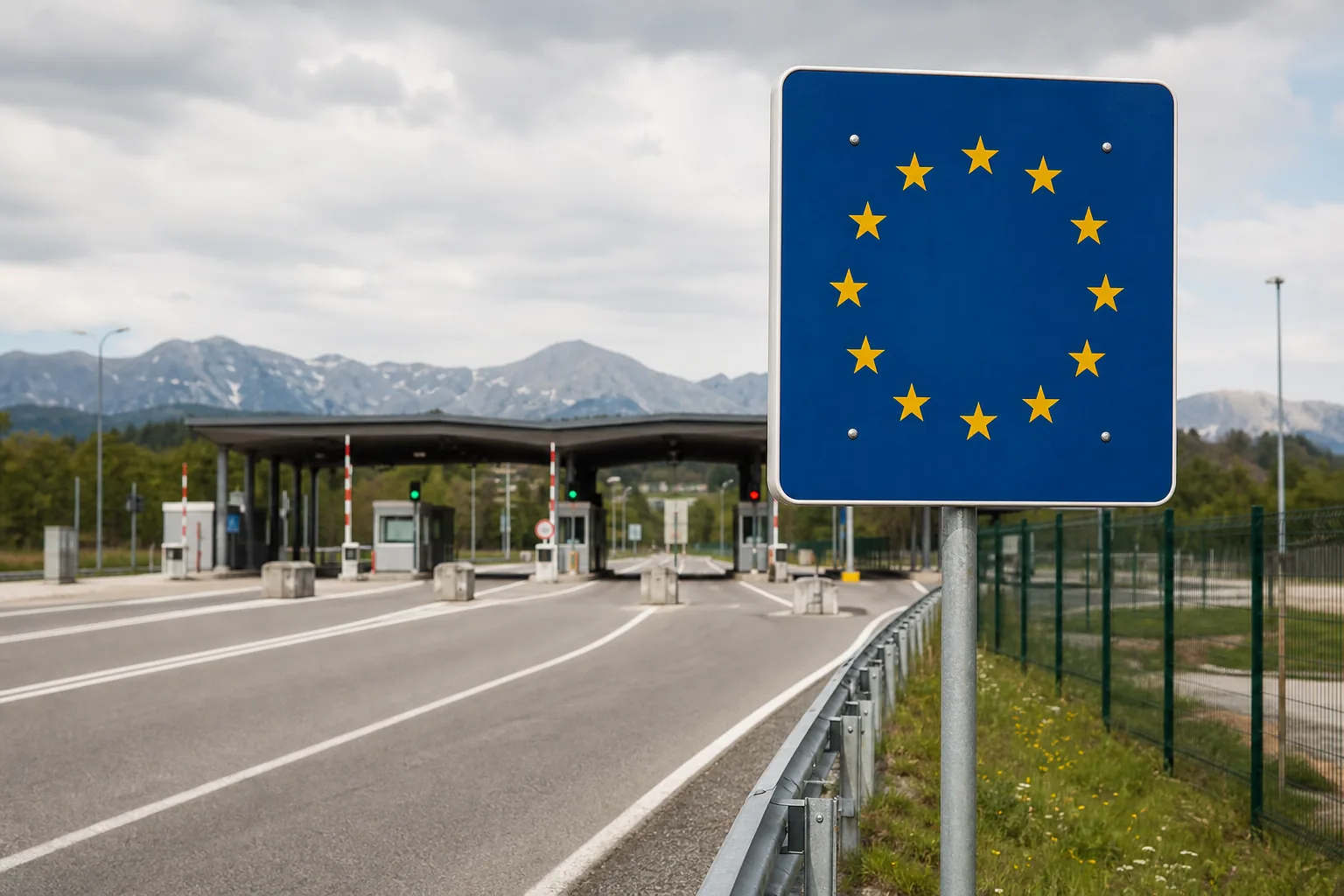 EU stars road sign at a land border crossing