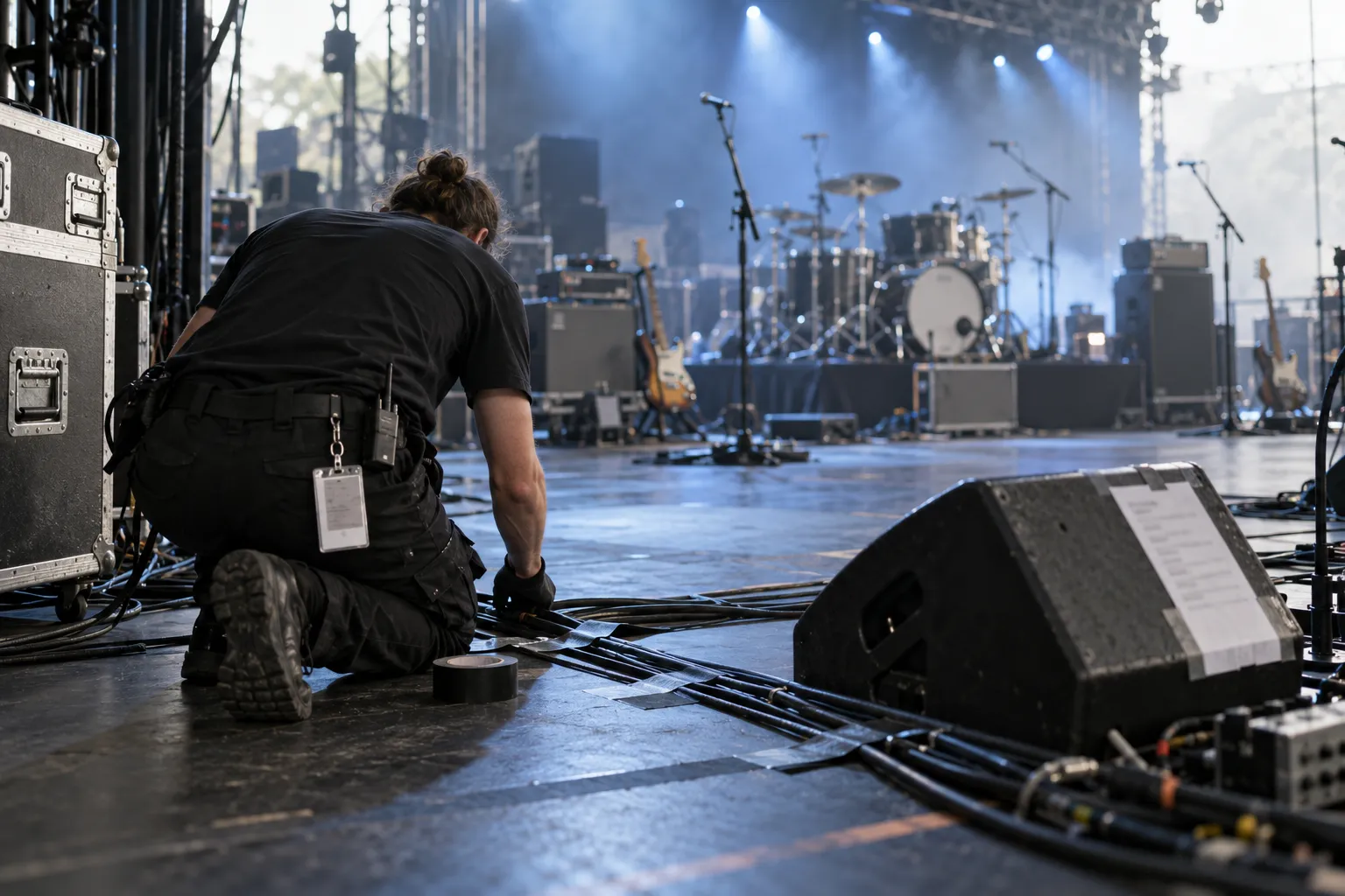 Stagehand taping down cables beside a flight case, with a band's drums, amps and guitars set up on a lit stage behind