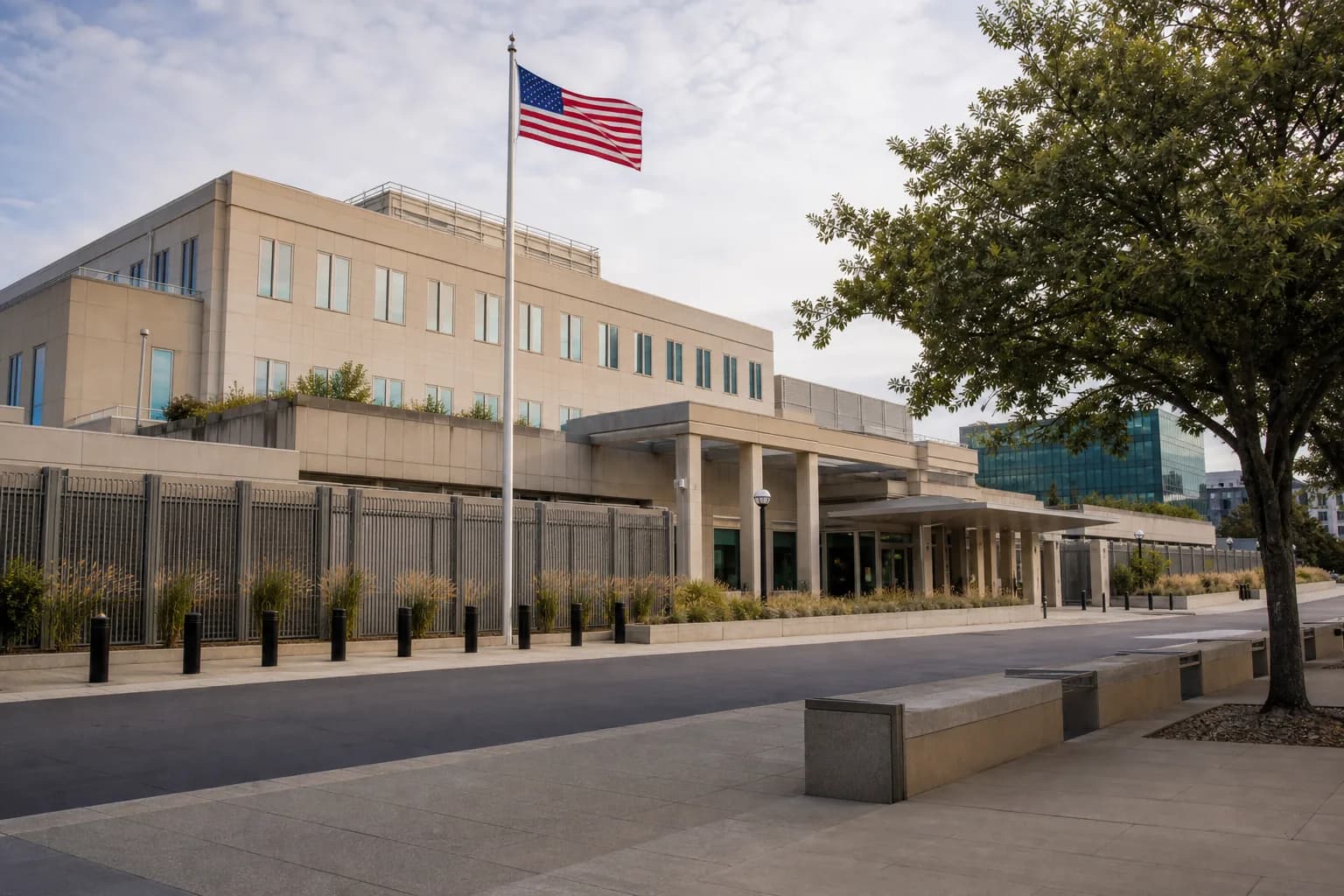 US flag outside a consulate-style building
